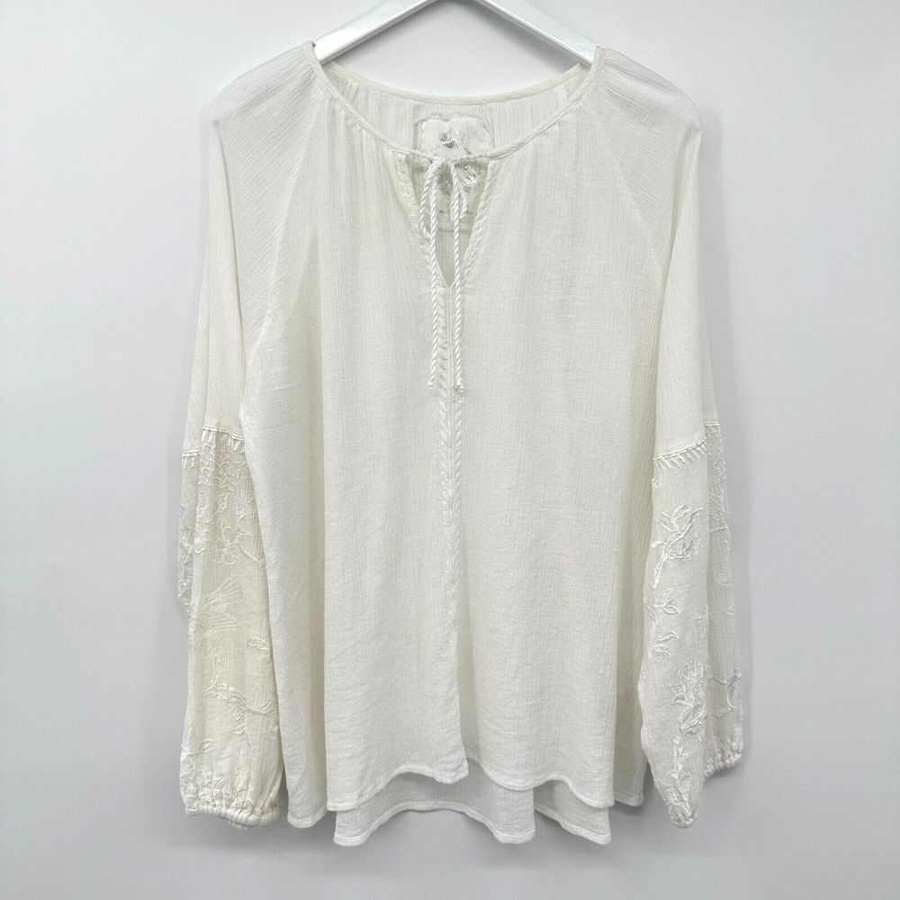 Cino Top‎ Shirt Size XXLarge Embroidered White Long Balloon Sleeve Sheer Blouse